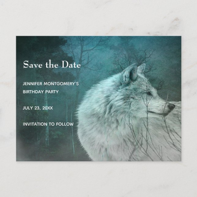 Beautiful Grey Wolf in a Dark Forest Birthday Announcement Postcard (Front)