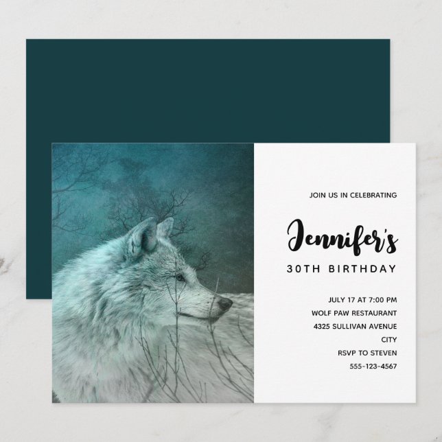 Beautiful Grey Wolf in a Dark Forest Birthday Invitation (Front/Back)