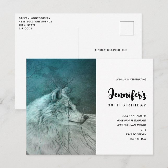 Beautiful Grey Wolf in a Dark Forest Birthday Invitation Postcard (Front/Back)