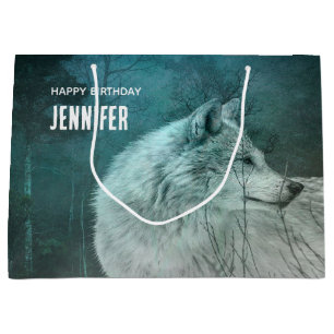Beautiful Grey Wolf in a Dark Forest Birthday Large Gift Bag