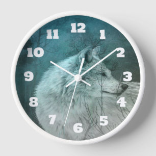 Beautiful Grey Wolf in a Dark Forest Clock