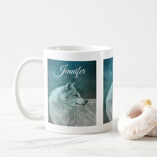 Beautiful Grey Wolf in a Dark Forest Coffee Mug (With Donut)