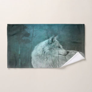 Beautiful Grey Wolf in a Dark Forest Hand Towel