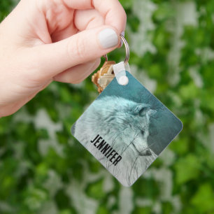 Beautiful Grey Wolf in a Dark Forest Keychain