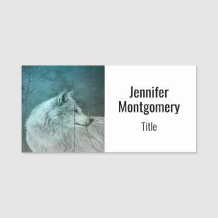 Beautiful Grey Wolf in a Dark Forest Name Tag