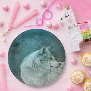 Beautiful Grey Wolf in a Dark Forest Paper Plate