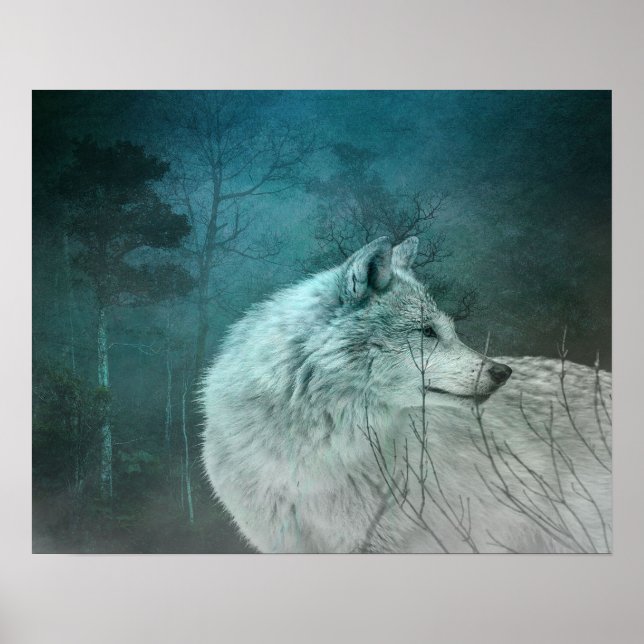 Beautiful Grey Wolf in a Dark Forest Poster (Front)