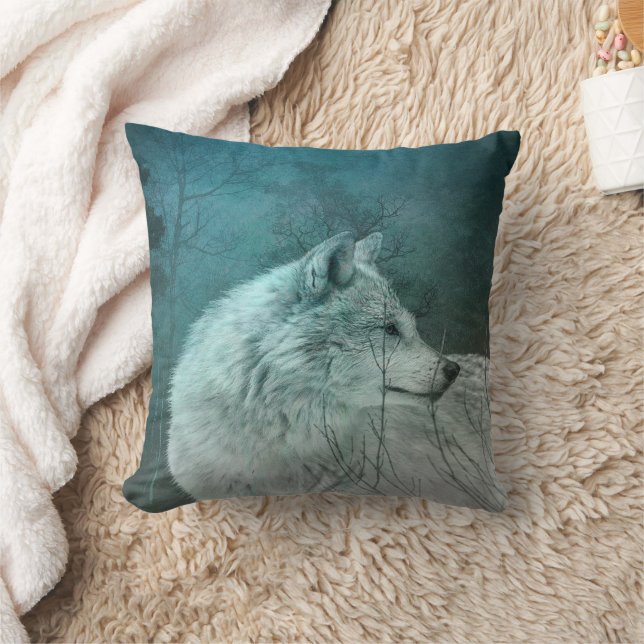 Beautiful Grey Wolf in a Dark Forest Throw Pillow (Blanket)