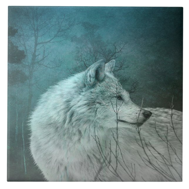 Beautiful Grey Wolf in a Dark Forest Tile (Front)