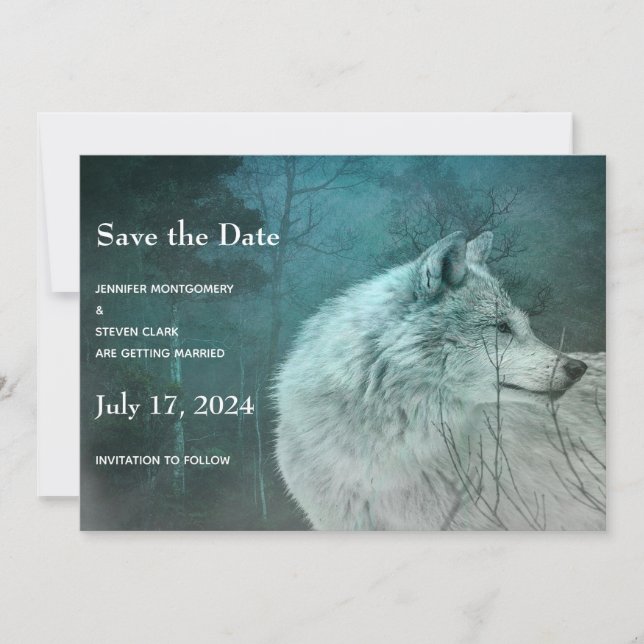 Beautiful Grey Wolf in a Dark Forest Wedding Save The Date (Front)