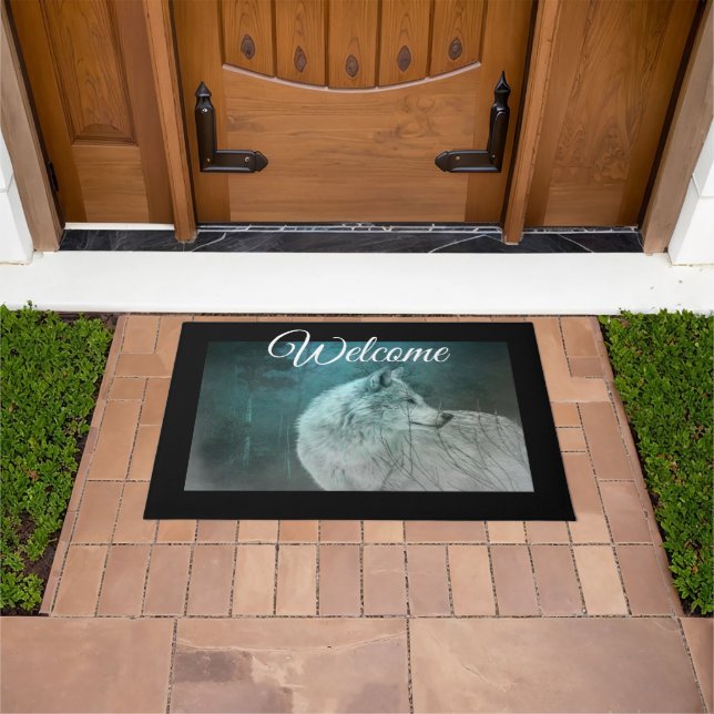 Beautiful Grey Wolf in a Dark Forest Welcome Doormat (Outdoor)