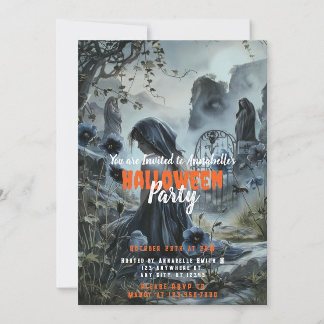 Beautiful Grieving Woman Cemetery Halloween Party Invitation (Front)