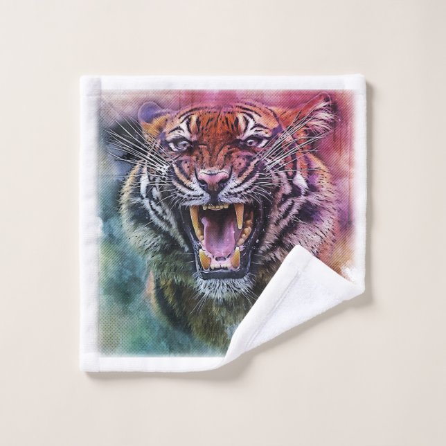 Beautiful Growling Bengal Tiger Face Photo Bath Towel Set (Wash Cloth)