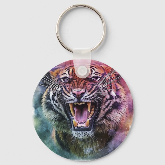 Beautiful Growling Bengal Tiger Face Photo Keychain (Front)