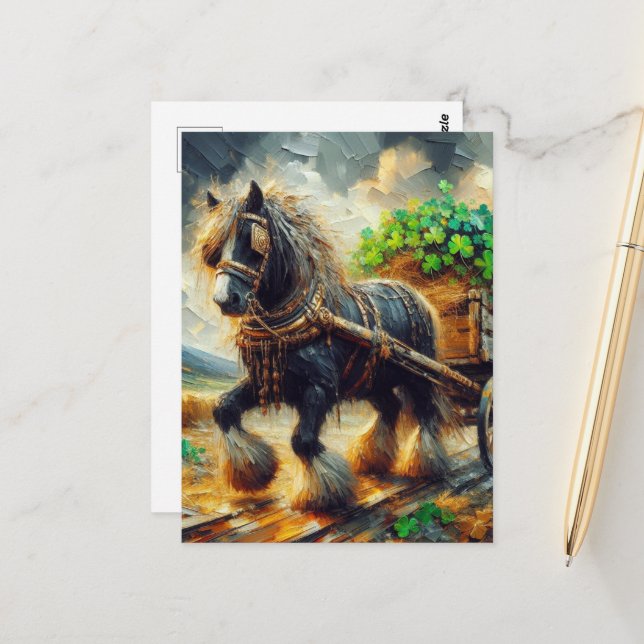 Beautiful Gypsy Vanner Pulling a Cart of Shamrocks Postcard (Front/Back In Situ)