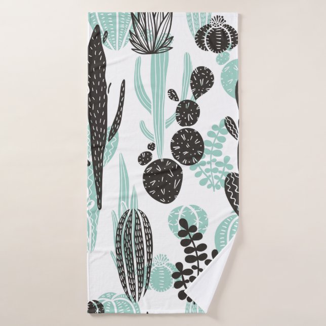 Beautiful hand drawn cacti doodle seamless pattern bath towel (Bath Towel)