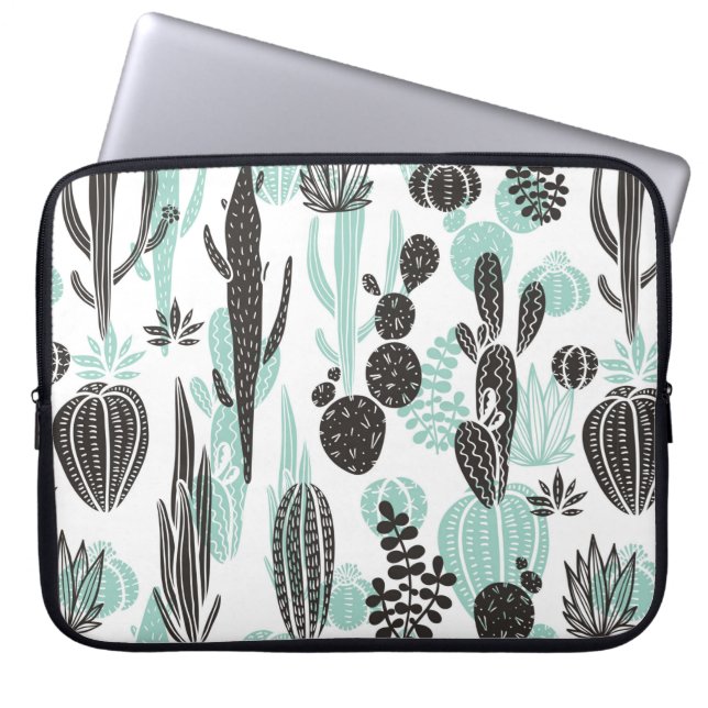 Beautiful hand drawn cacti doodle seamless pattern laptop sleeve (Front)