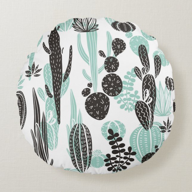 Beautiful hand drawn cacti doodle seamless pattern round pillow (Front)