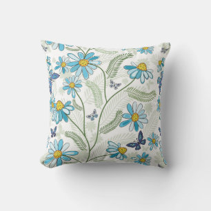 Beautiful Hand Drawn Pastel Blue Floral Pattern Throw Pillow