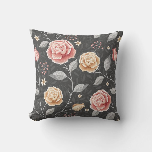 Beautiful Hand Drawn Pink and Yellow Rose Pattern Throw Pillow (Front)