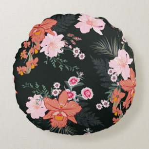 Beautiful hand drawn tropical forest floral,  seam round pillow