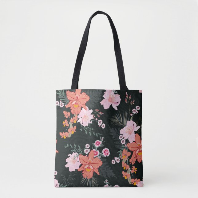 Beautiful hand drawn tropical forest floral,  seam tote bag (Front)