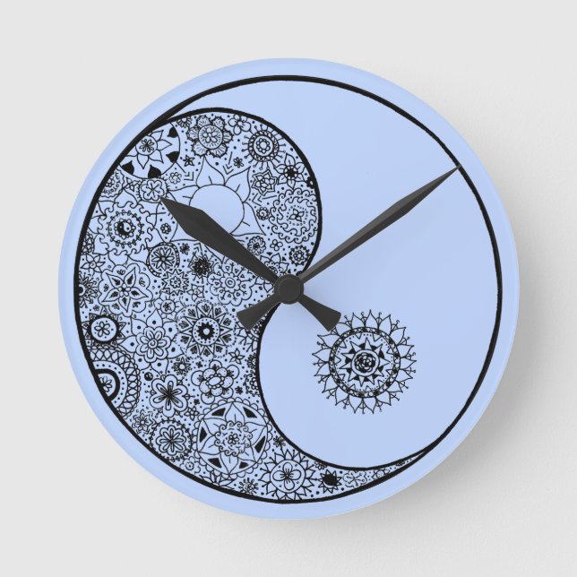 Beautiful Hand Illustrated Artsy Floral Yin Yang Round Clock (Front)