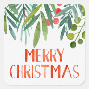 Beautiful Hand Lettered Watercolor Berry & Branch  Square Sticker
