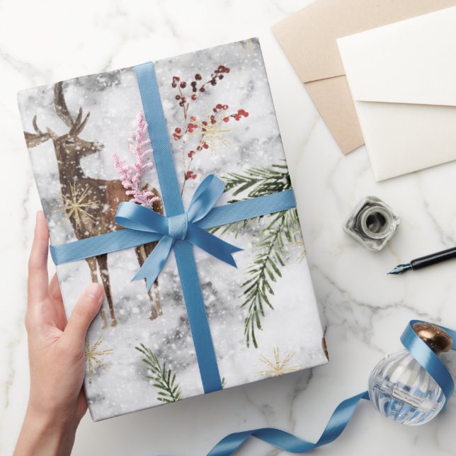 Beautiful hand painted  watercolor reindeer wrapping paper (Gifting)