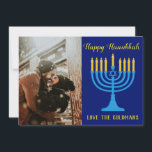 Beautiful Hanukkah Blue and Gold Photo<br><div class="desc">A perfect Hanukkah greeting, this card features a deep blue background with "Happy Hanukkah" written in lovely golden cursive. There is a blue menorah with gold coloured candles. Underneath is another template for customizing your name. The back features blue and gold menorahs on a white background. Personalize your greeting card...</div>