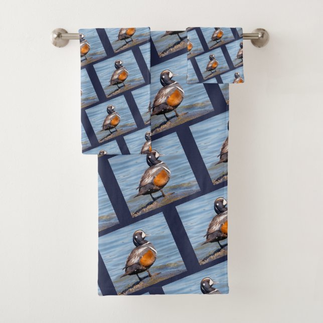 Beautiful Harlequin Duck on the Rock Bath Towel Set (Insitu)