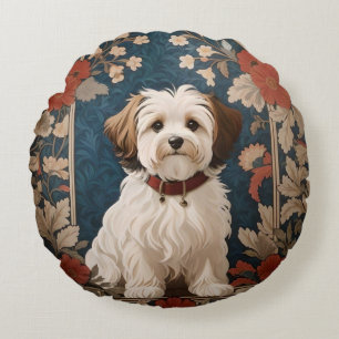 Beautiful Havanese Dog William Morris Floral Round Pillow