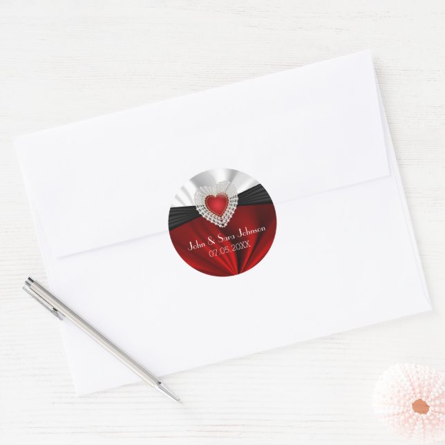 Beautiful Heart Wedding in Red Satin Classic Round Sticker (Envelope)