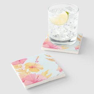 Beautiful Hibiscus Tropical Flower Watercolor Stone Coaster