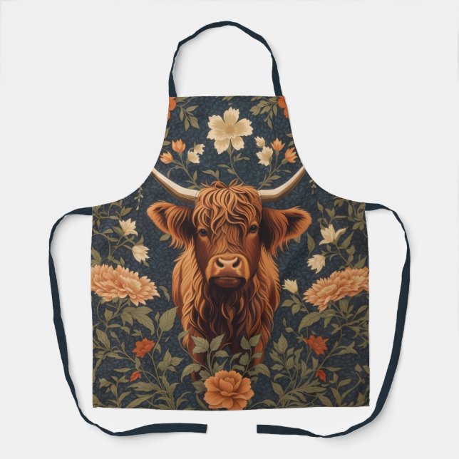 Beautiful Highland Cow Vintage Floral Apron (Front)