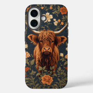 Beautiful Highland Cow Vintage Floral iPhone 16 Case