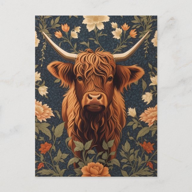 Beautiful Highland Cow Vintage Floral Postcard (Front)