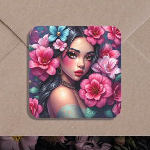 Beautiful Hispanic Anime Woman Square Sticker