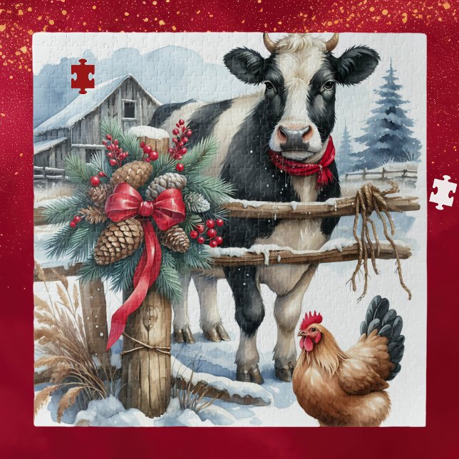 Beautiful Holiday Cow with Rooster Christmas Jigsaw Puzzle (Creator Uploaded)