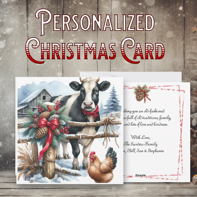 Beautiful Holiday Cow with Rooster Personalized Card (Creator Uploaded)
