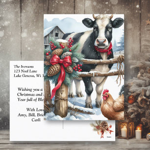 Beautiful Holiday Cow with Rooster Personalized Postcard