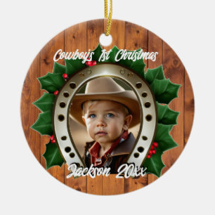 Beautiful Holly and Horseshoe First Christmas Ceramic Ornament