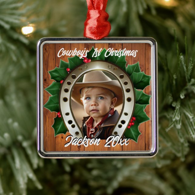 Beautiful Holly and Horseshoe First Christmas Metal Ornament (Tree)