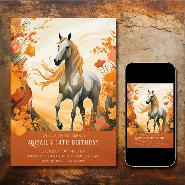 Beautiful Horse and Autumn Flowers Fall Birthday Invitation (Printed and Digital - Beautiful Horse and Autumn Flowers Fall Birthday Invitation)