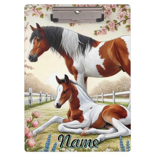 Beautiful Horse and Foal in a Blooming Orchard Clipboard (Front)