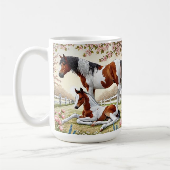 Beautiful Horse and Foal in a Blooming Orchard Coffee Mug (Left)