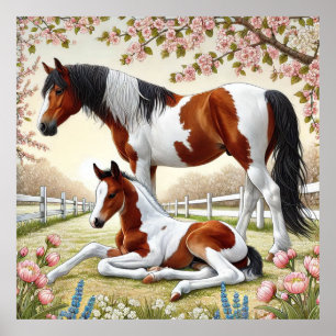 Beautiful Horse and Foal in a Blooming Orchard Poster