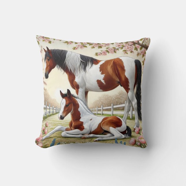 Beautiful Horse and Foal in a Blooming Orchard Throw Pillow (Front)