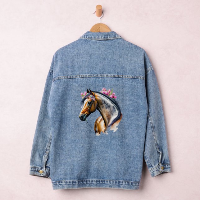Beautiful Horse Black Mane Pink Flowers Denim Jacket (Hangar)