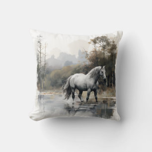 beautiful horse in the lake throw pillow